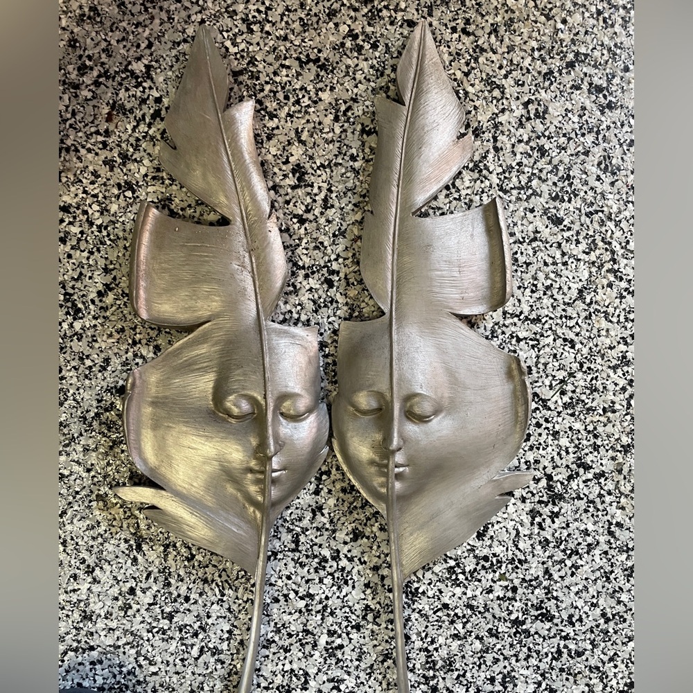 Set of 2 Aurora & Hespera Greenman Wall Mask Sculptures Leaf Face 3-D Plaques